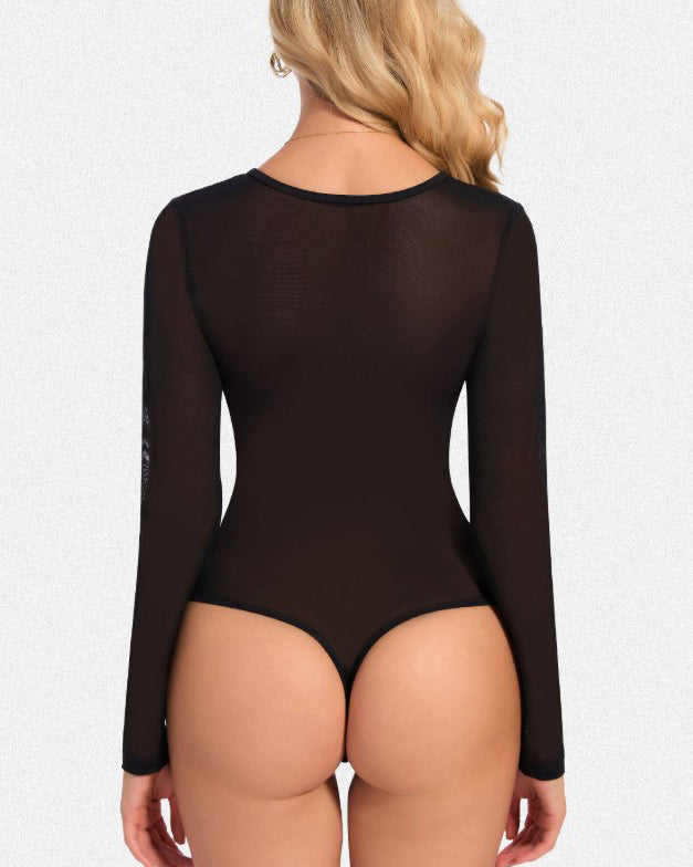 V-Neck Mesh Long-Sleeved Shapewear Thong Bodysuit