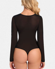 V-Neck Mesh Long-Sleeved Shapewear Thong Bodysuit