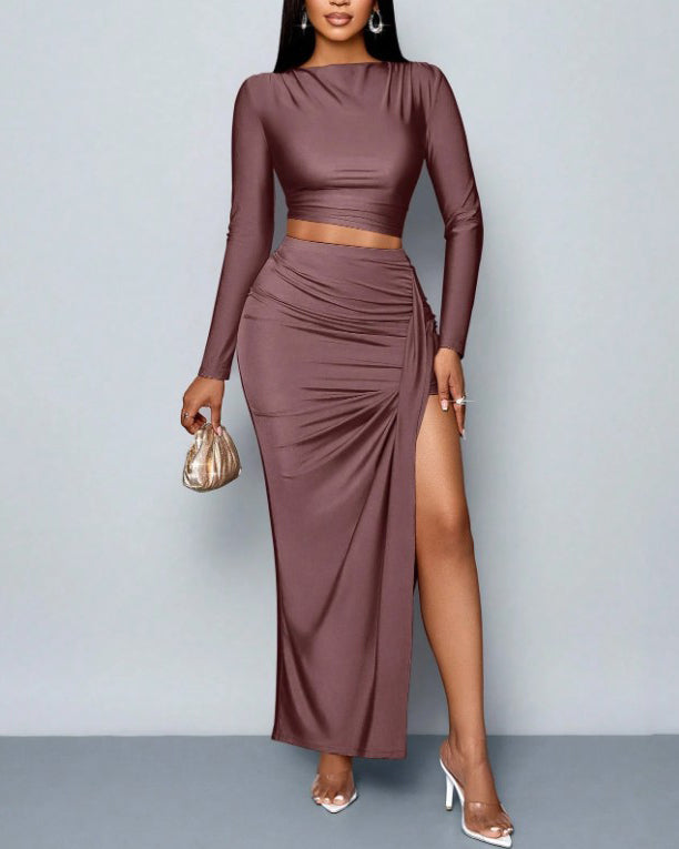 Long-Sleeved Ruched Slim Fit Maxi Skirt 2-Piece Set