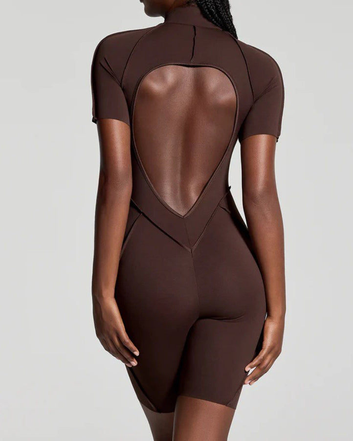 Short-Sleeved Zip-Up Striped Bodycon Jumpsuit