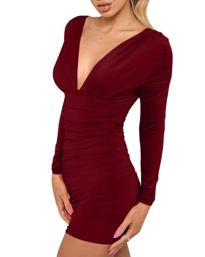 V-Neck Long-Sleeved Ruched Bodycon Dress