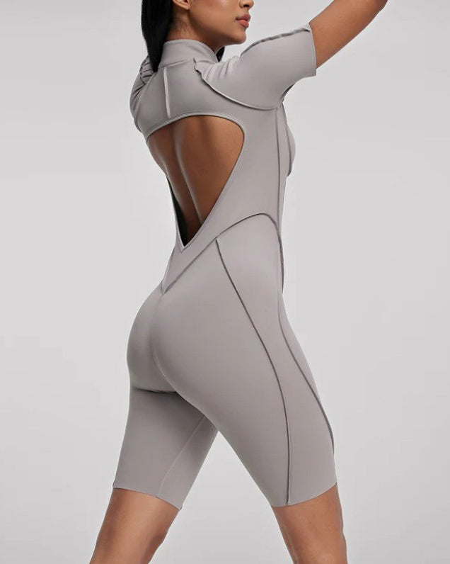 Short-Sleeved Zip-Up Striped Bodycon Jumpsuit