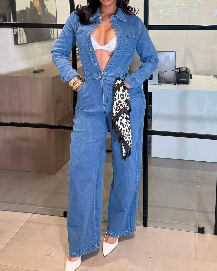 Long-Sleeved Wide-Leg Denim Jumpsuit