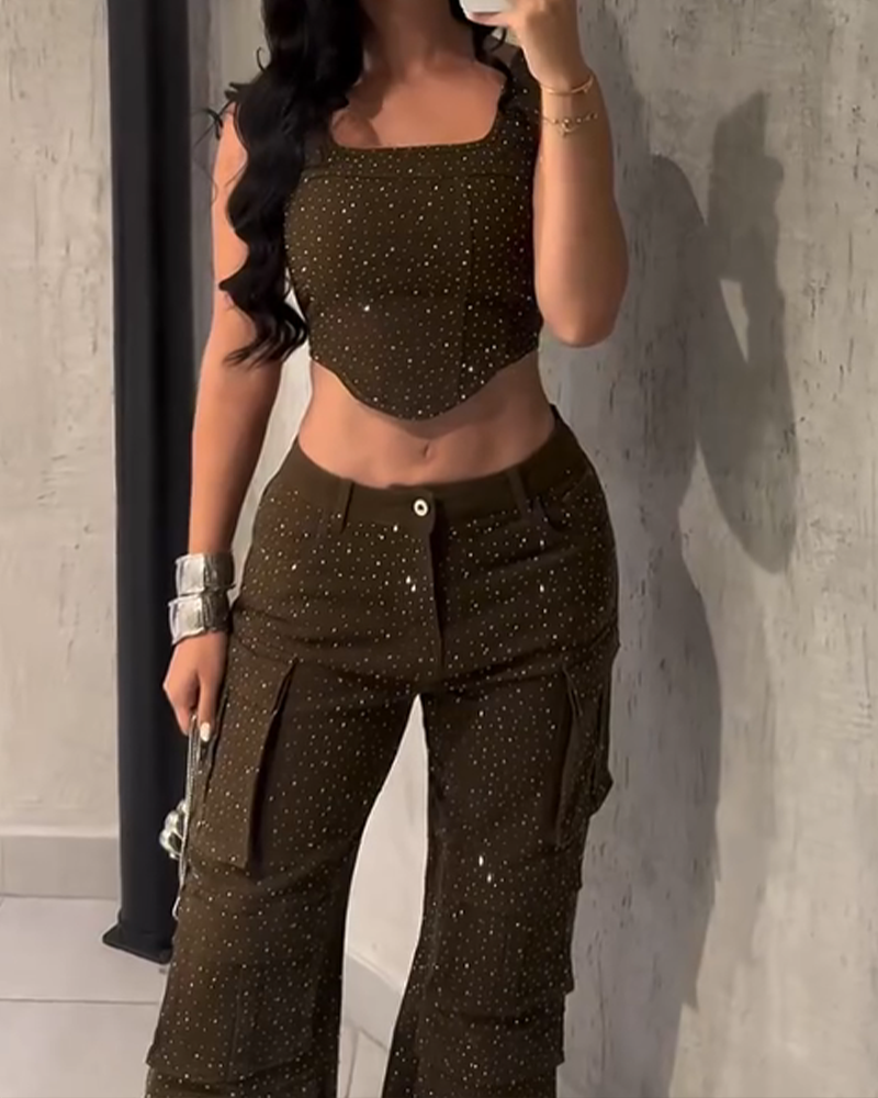 Rhinestone Suspender  Overalls Pants Set