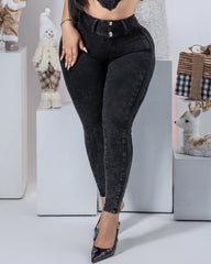 Butt-Enhancing Double-Breasted Skinny Jeans