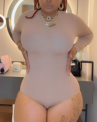 Seamless Comfort Round Neck Long-Sleeved Thong Shaper Bodysuit