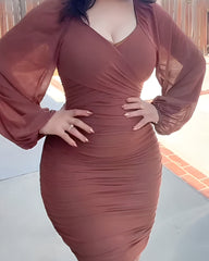 Puff Sleeve V-Neck Mesh Ruched Bodycon Dress