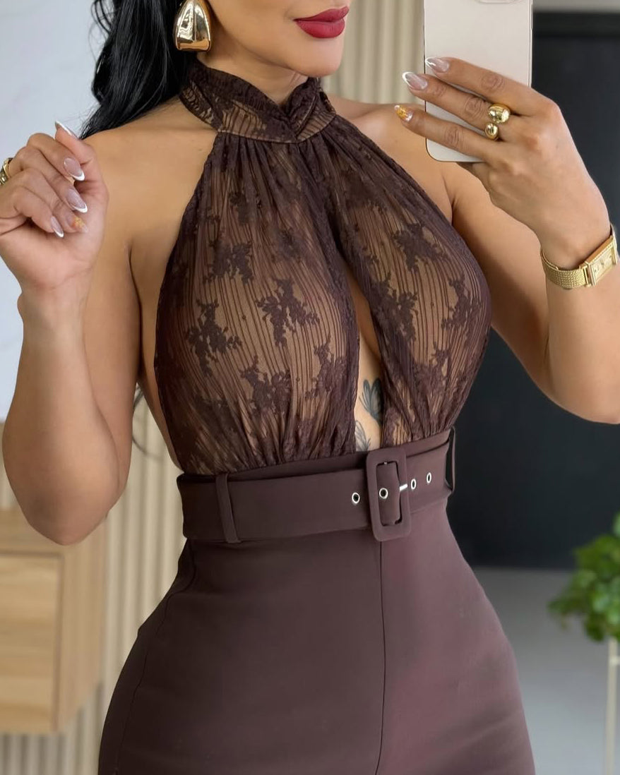 Lace Paneled Backless Wide-Leg Jumpsuit