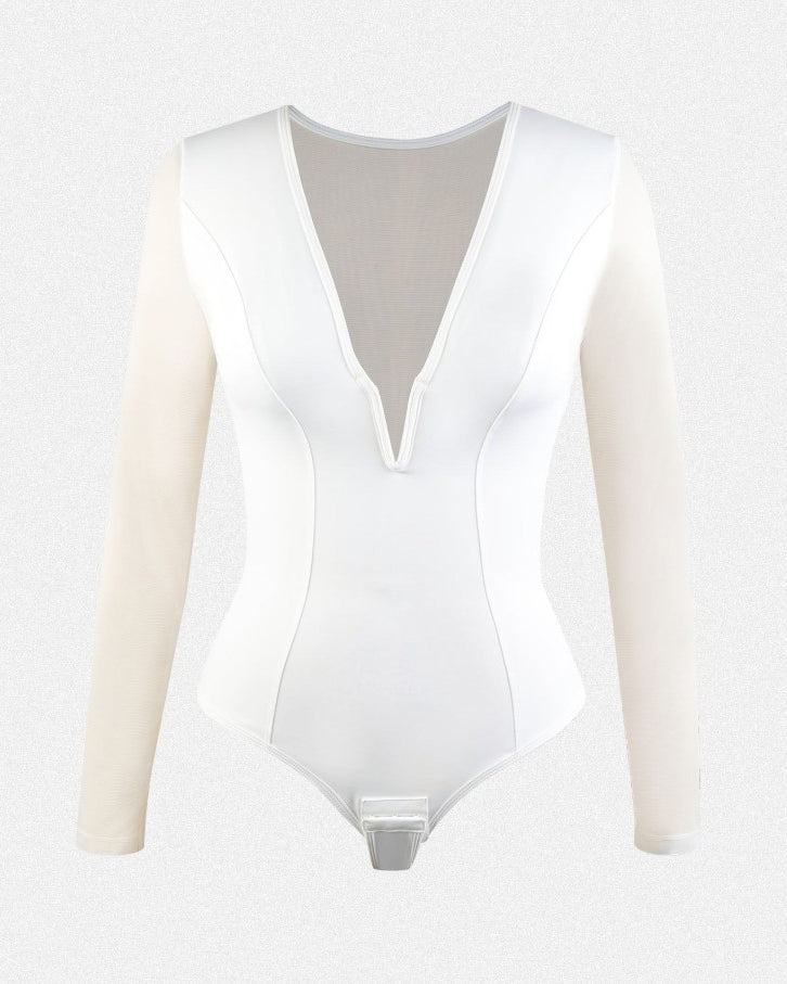 V-Neck Mesh Long-Sleeved Shapewear Thong Bodysuit