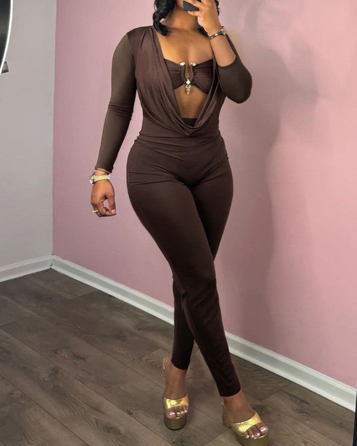 Draped Neck Slimming Long-Sleeved Jumpsuit