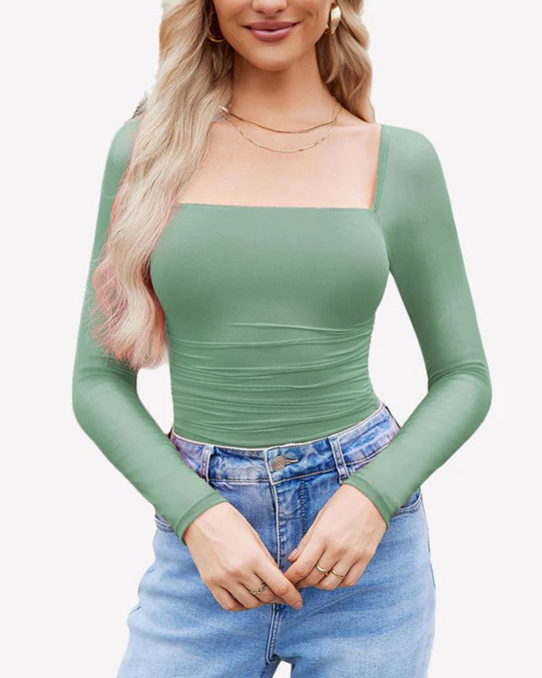 Square Neck Ruched Mesh Long Sleeve Shaping Bodysuit