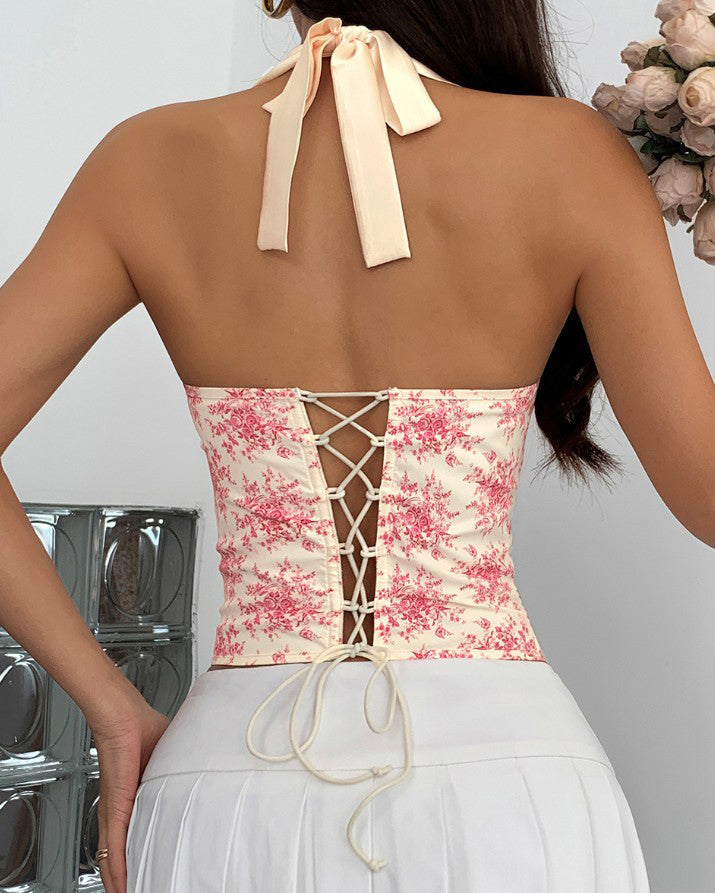 Print Halter Neck Tie Back Corset Top