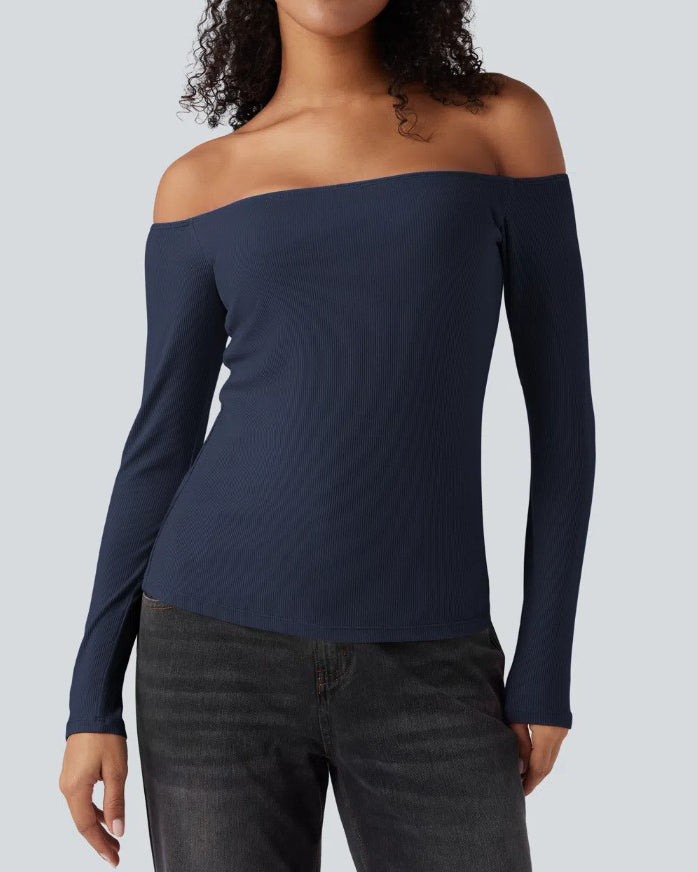 Off-Shoulder Built-In Bra Ribbed Knit Long-Sleeve Top