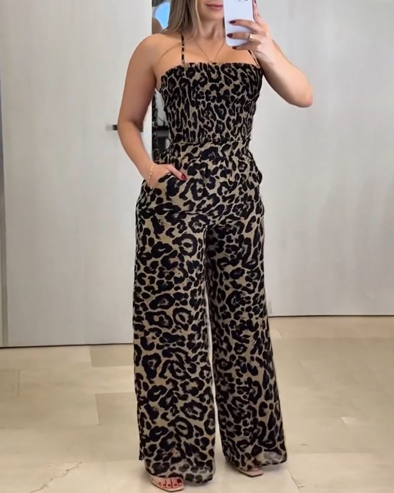 Leopard Print Backless Wide-Leg Jumpsuit