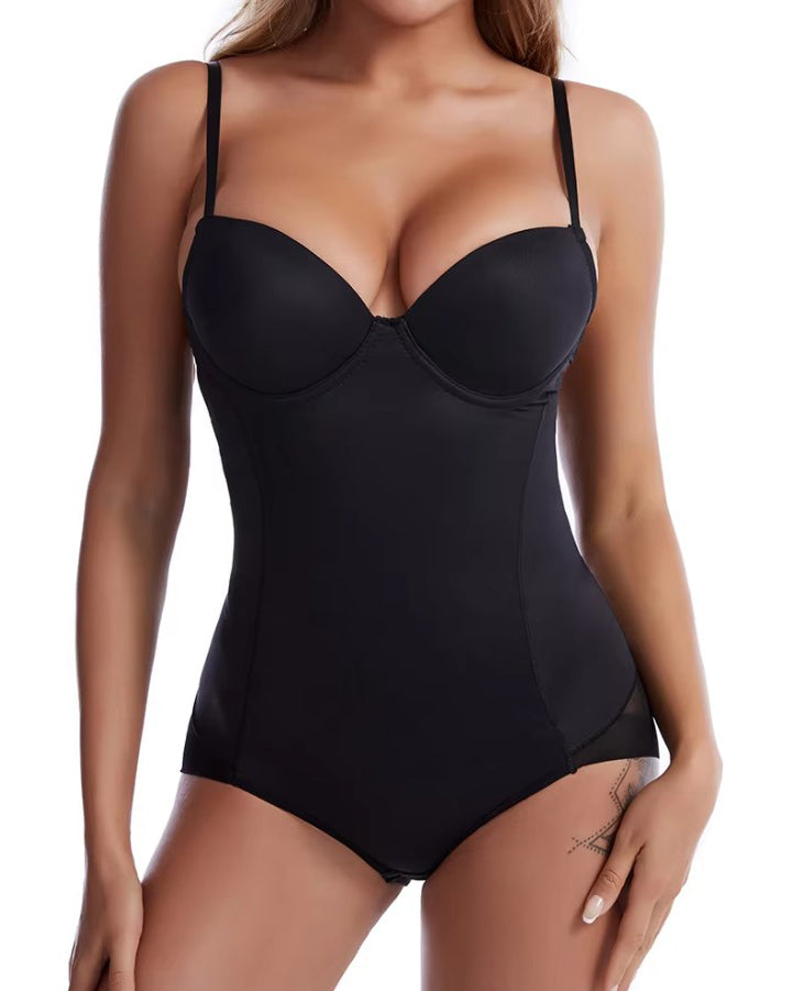 V-Neck Mesh Tummy Control Thong Shaping Bodysuit