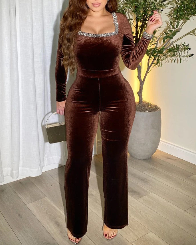 Rhinestone-Trimmed Long-Sleeved Bodycon Jumpsuit