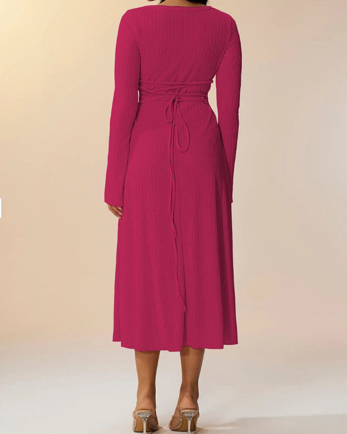 Knitted Ribbed Square Neck Long-Sleeved Tie Dress