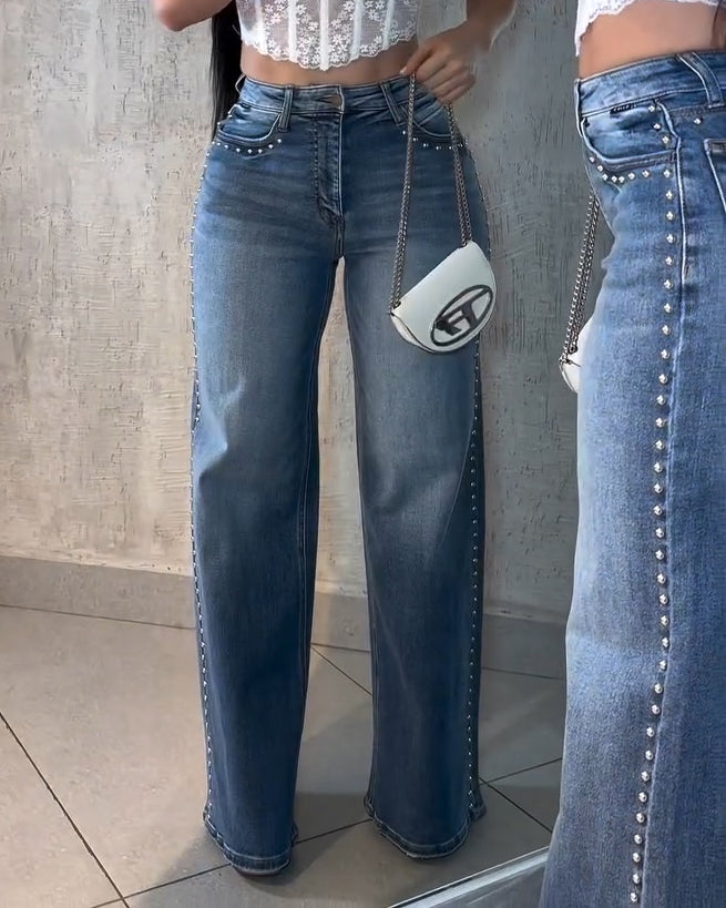 Studded Trims Wide-Leg Jeans