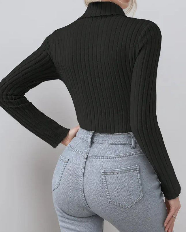 Knitted Long-Sleeved Turtleneck  Slim-Fit Bodysuit