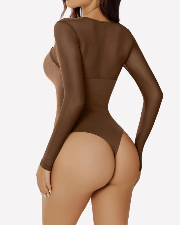 Mesh Long Sleeve Cutout Thong Shapewear Bodysuit
