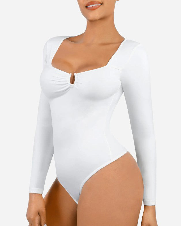 Cutout Long-Sleeved Tummy Shaping Thong Bodysuit