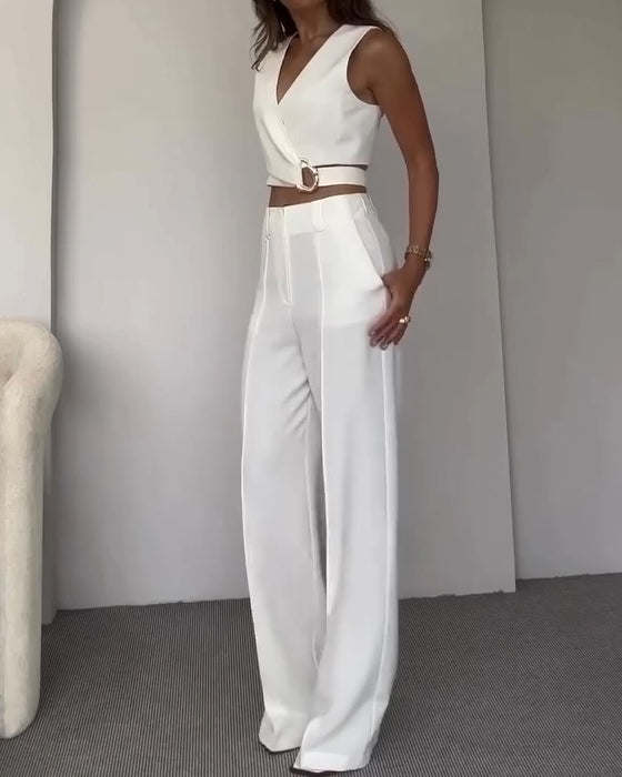 Cross-Over Slim-Fit Sleeveless Vest Wide-Leg Pants Set