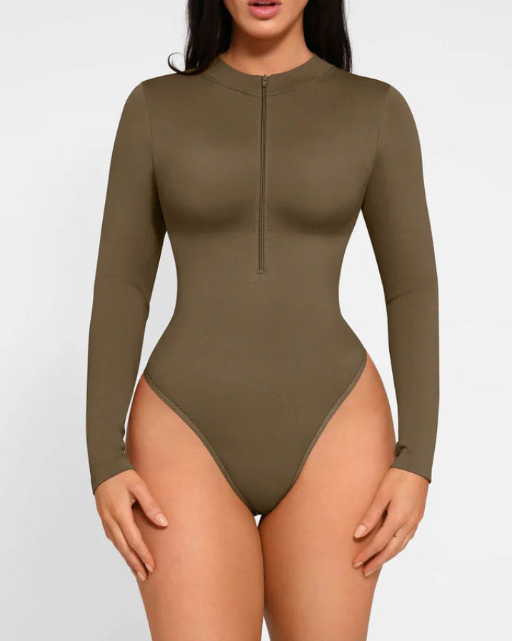 Front Zip Long Sleeve Shapewear Thong Bodysuit
