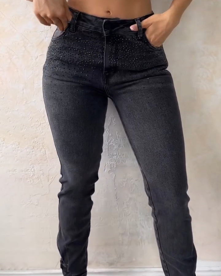High-Rise Sparkling Rhinestones Skinny Jeans
