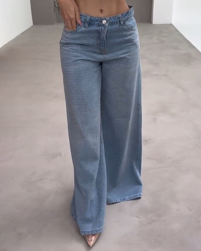 High-Rised Sparkling Rhinestones Wide-Leg Jeans