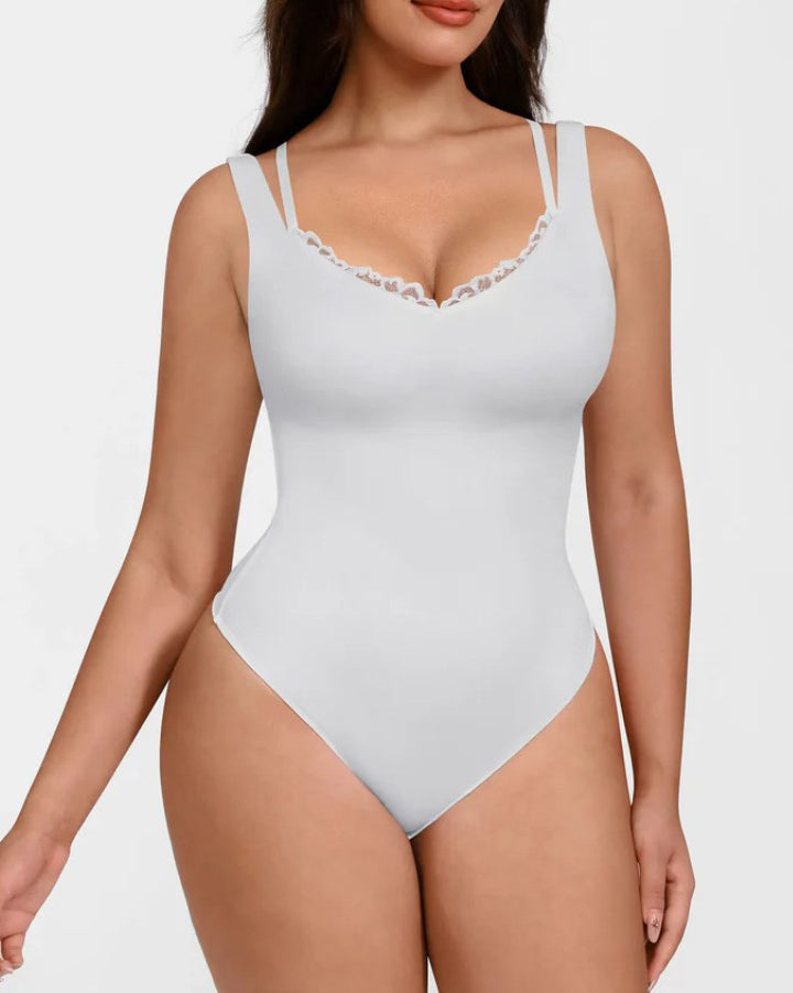 Lace-Trimmed Deep V Thong Slimming Bodysuit