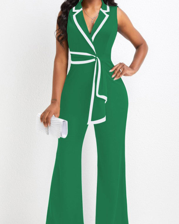V-Neck Splicing Sleeveless Wide-Leg Jumpsuit