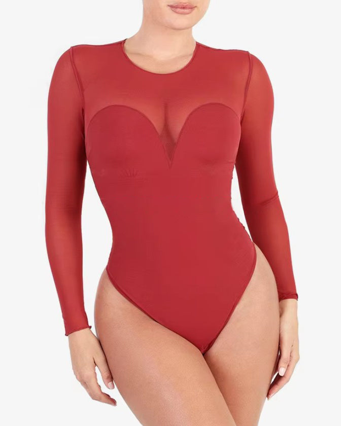 Sheer Mesh Long Sleeve Slimming Thong Bodysuit