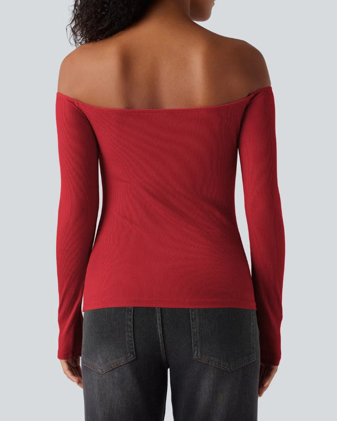 Off-Shoulder Built-In Bra Ribbed Knit Long-Sleeve Top