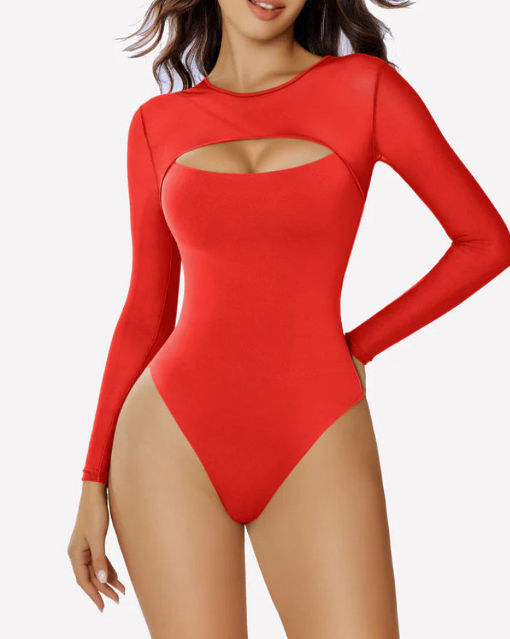 Mesh Long Sleeve Cutout Thong Shapewear Bodysuit