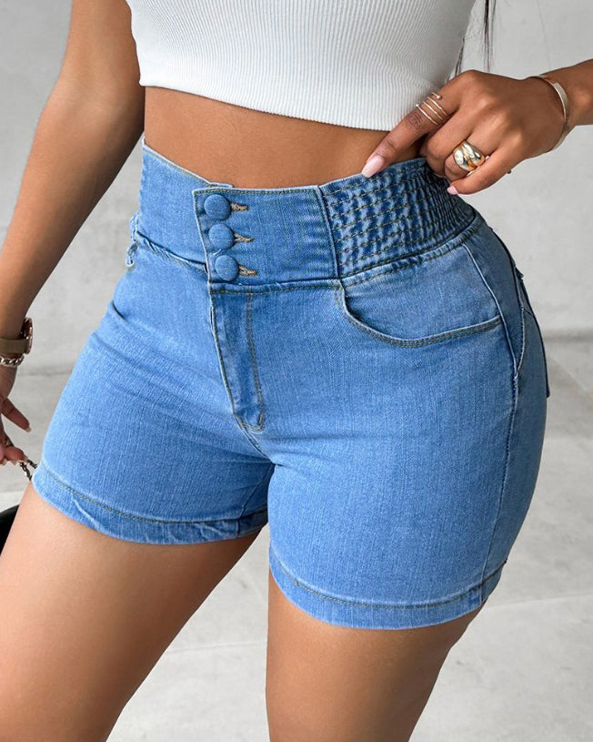 3-Row Button Slim Denim Shorts