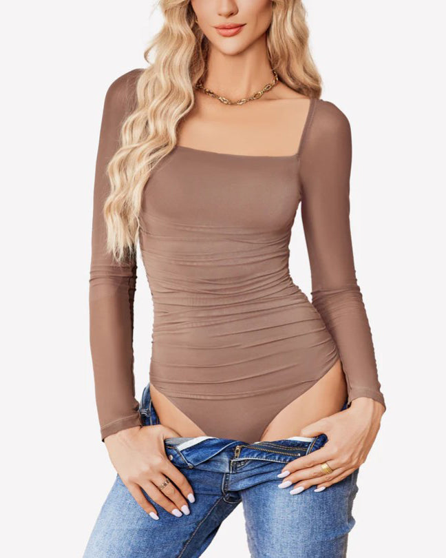 Square Neck Ruched Mesh Long Sleeve Shaping Bodysuit