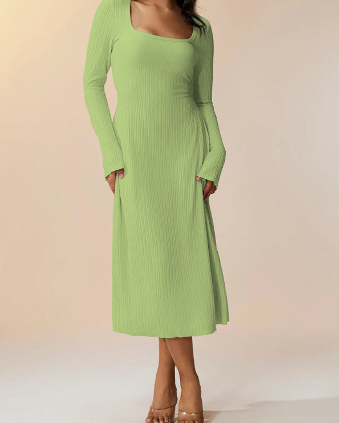 Knitted Ribbed Square Neck Long-Sleeved Tie Dress