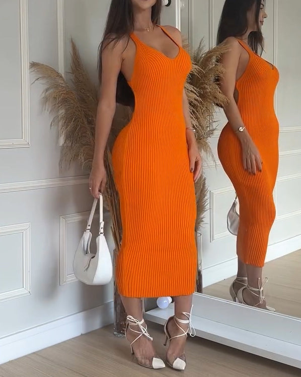 Ribbed Knit Backless Bodycon Dress