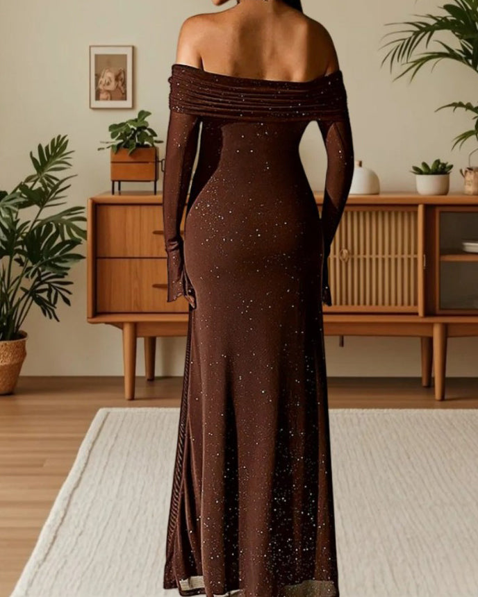 Off-the-Shoulder Shiny Flared Long-Sleeved Mesh Dress