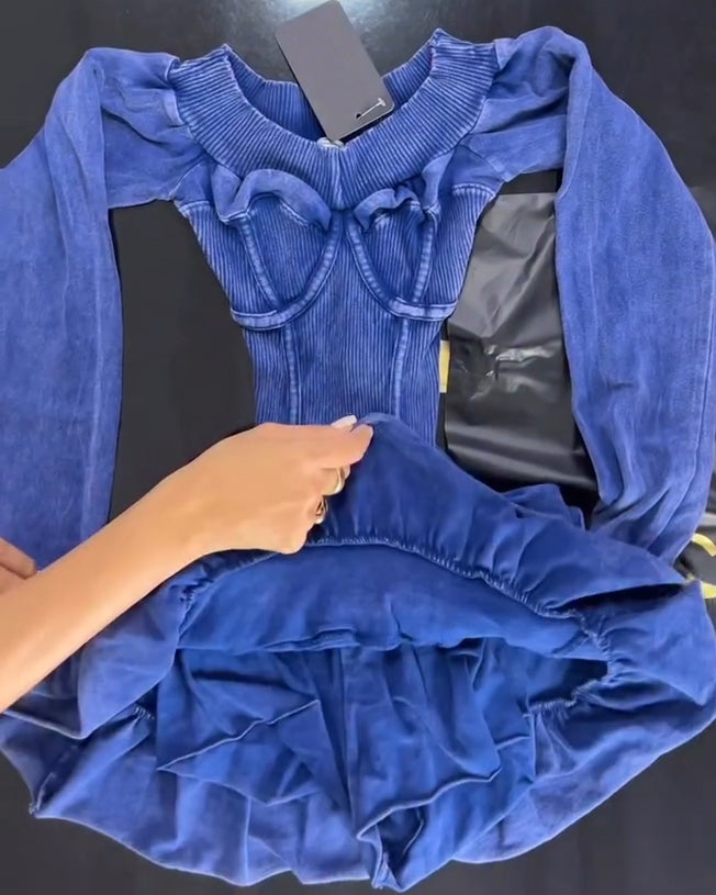 Long-Sleeved Ruffled Slim Fitted Dress