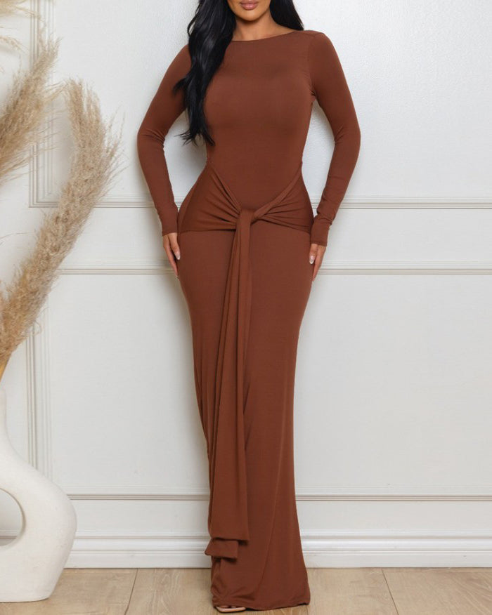 Long-Sleeved Slimming Backless Long Dress