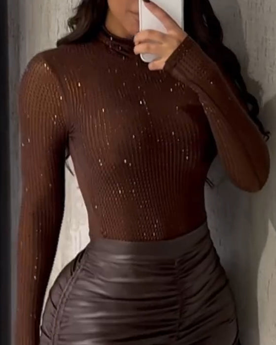 Shiny Rhinestone Stand Collar Bodysuit