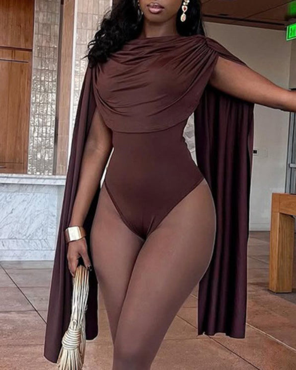Round Neck Ruched Shawl Long Sleeve Thong Bodysuit