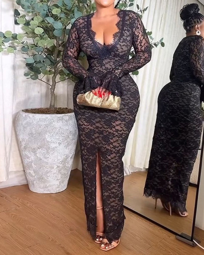 Long-Sleeved Lace V-Neck Bodycon Dress