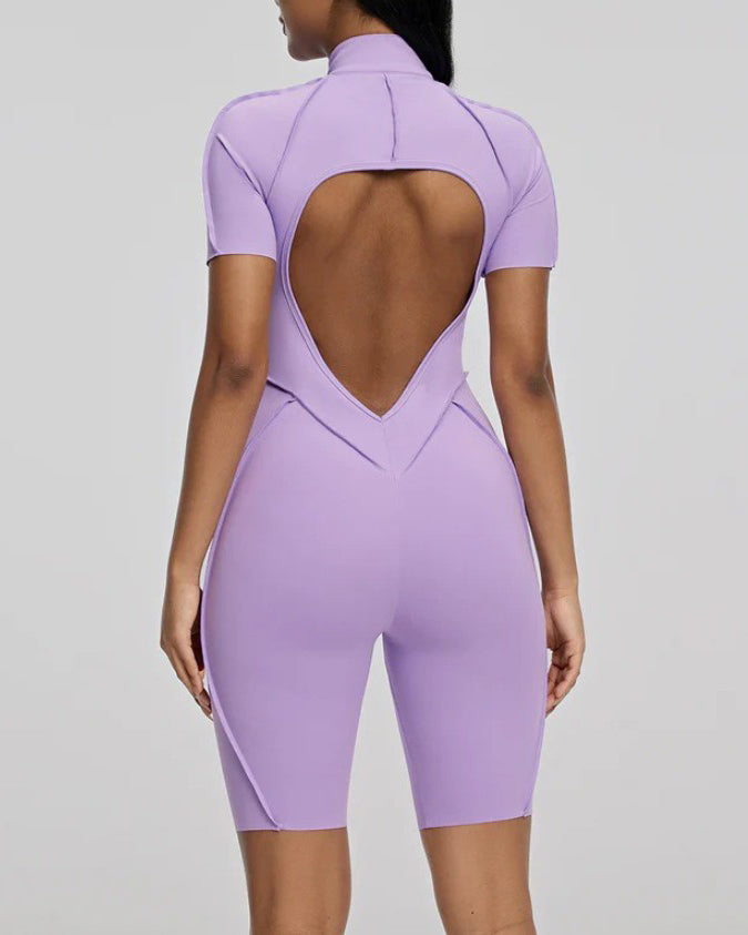 Short-Sleeved Zip-Up Striped Bodycon Jumpsuit