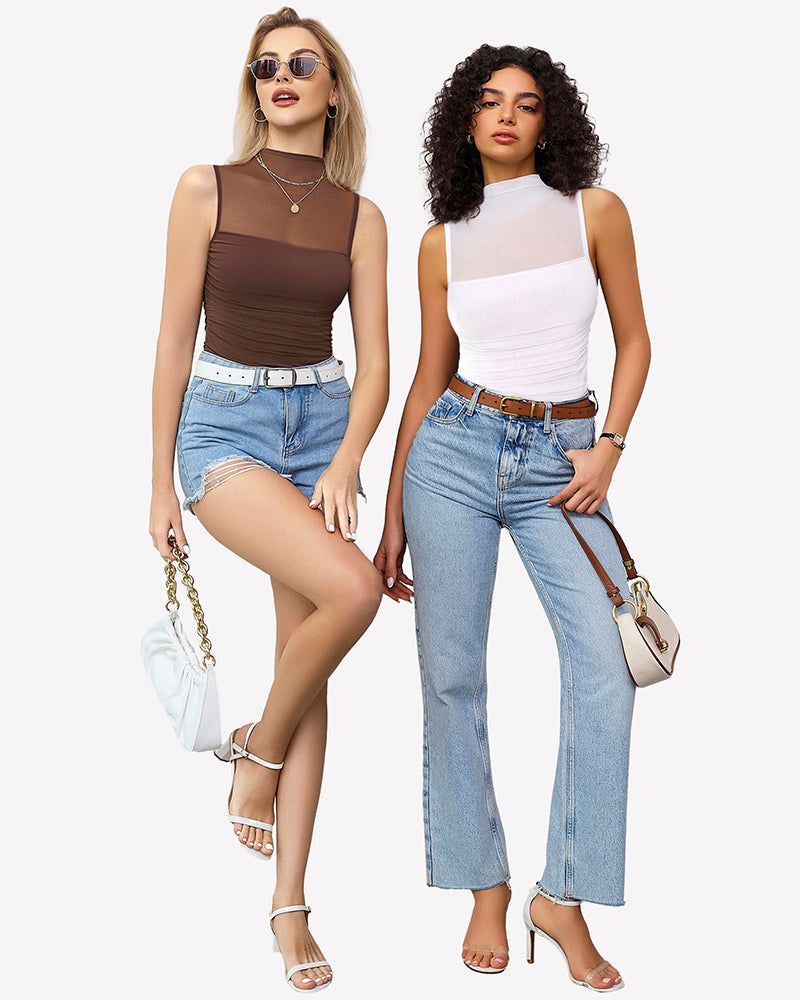 Mock Neck Mesh Bodysuit Ruched Tank Top