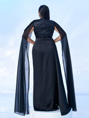 Plus Black Embroidery Mesh Sleeve Prom Dress