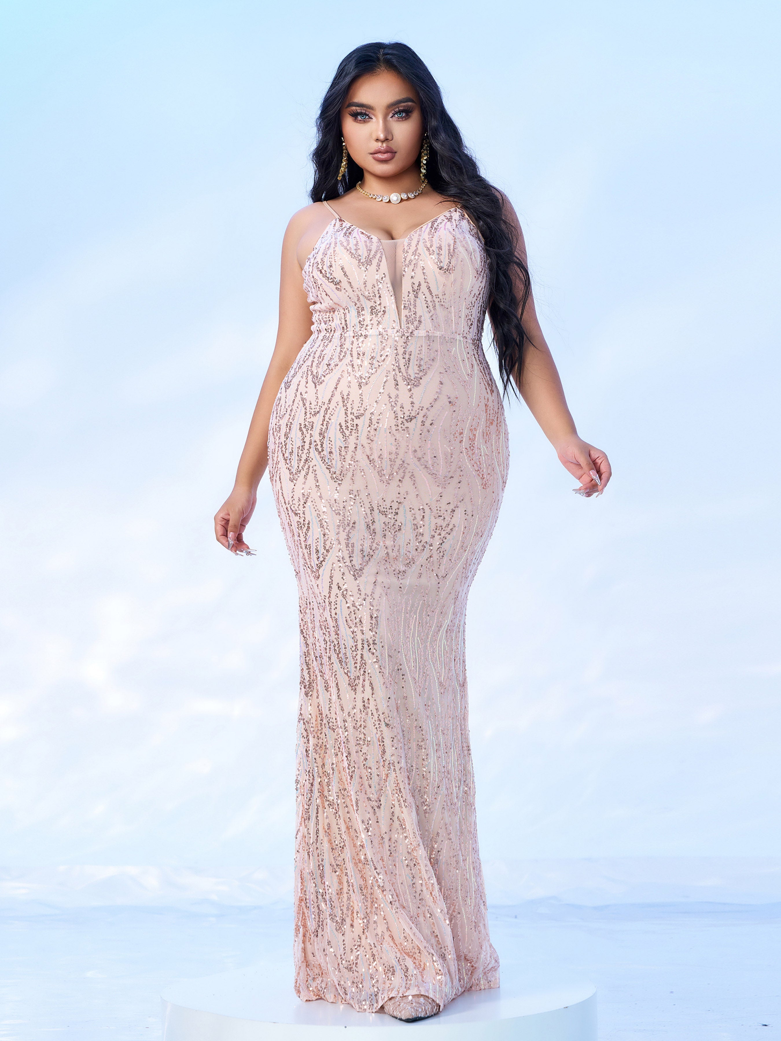 Plus Size Rose Gold Spaghetti Prom Dress