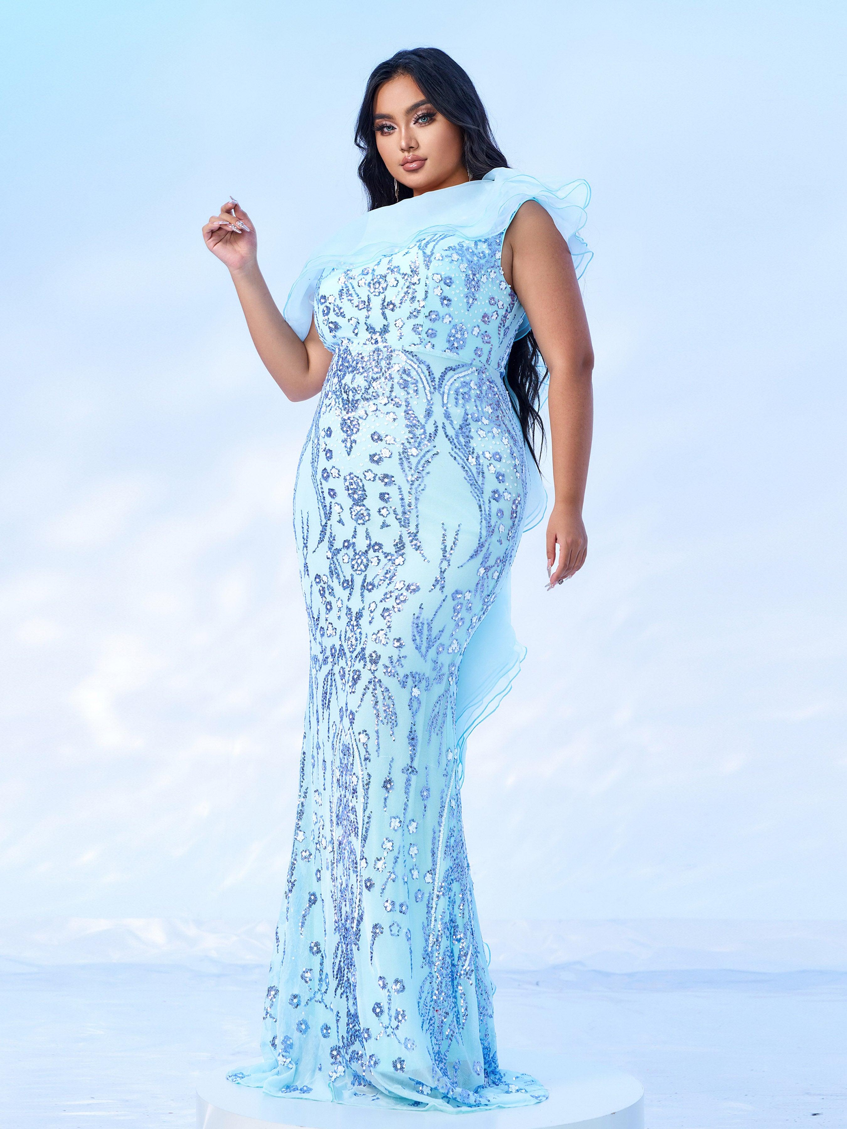 Plus Off Shoulder Ruffled Seuqin Mermaid Prom Dress