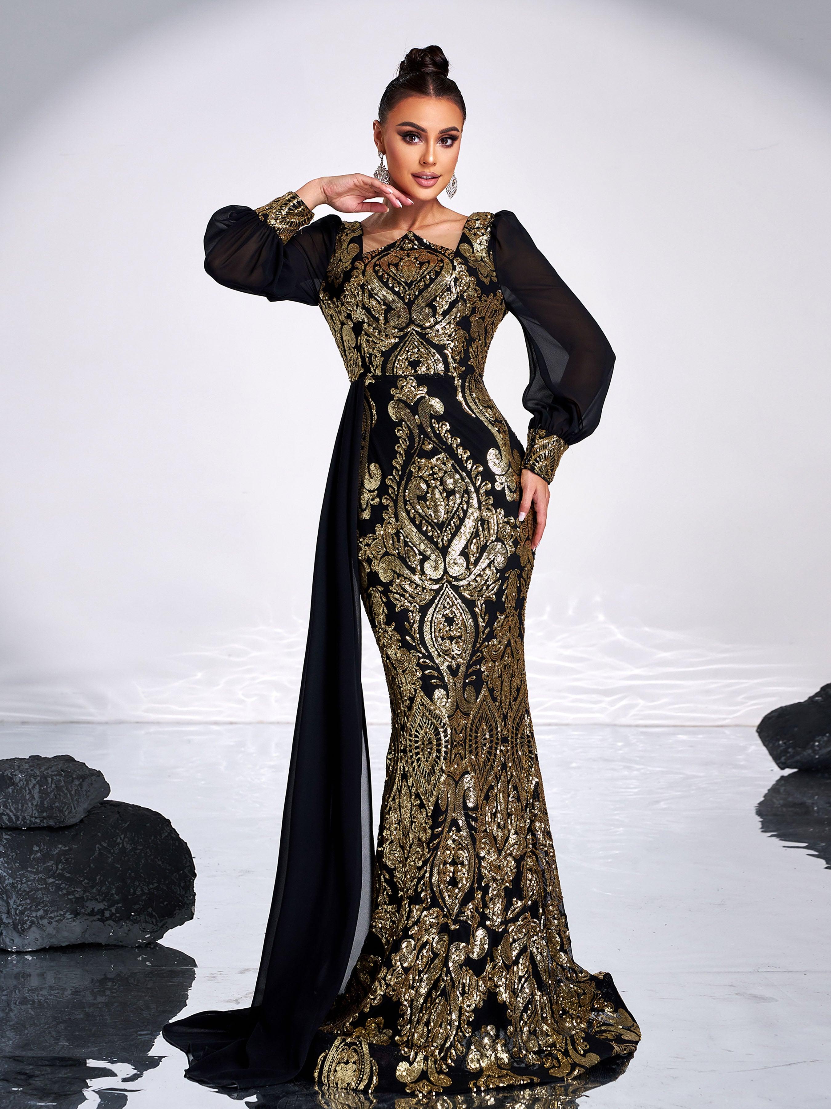 Luxurious Black & Gold Embroidered Gown